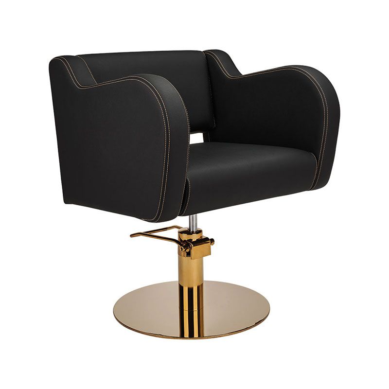 NORA Black hairdressing chair with gold stitching and round gold base