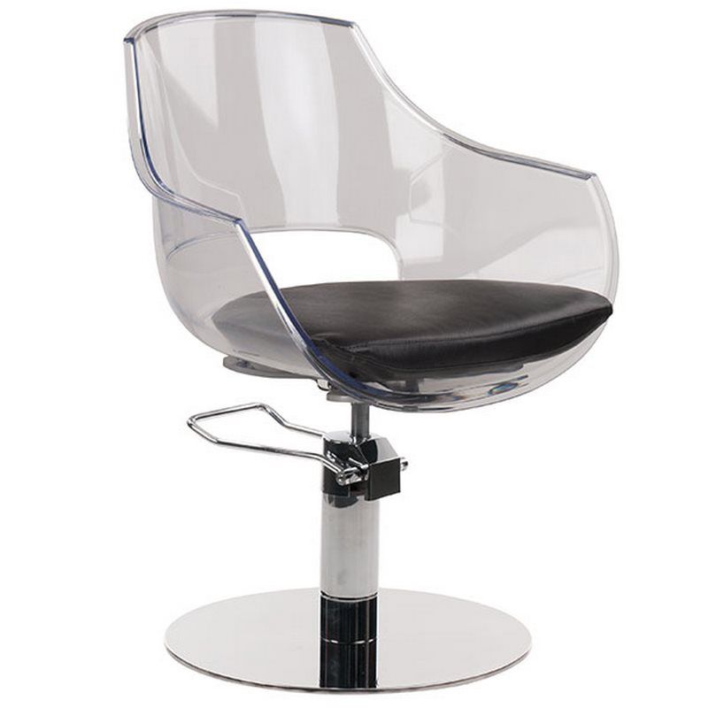 Ghost transparante kapsel fauteuil met zwarte stoel en ronde chroombasis