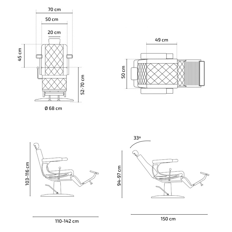 DAVE Fauteuil Barbier dimensions - Malys Equipements