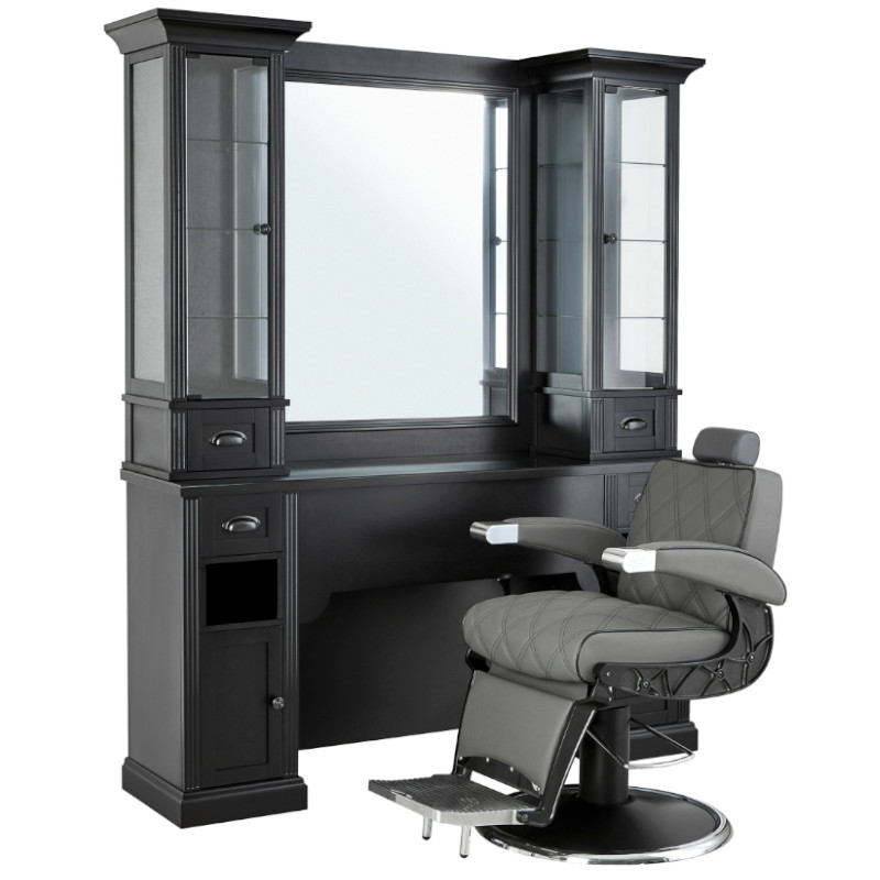 WILLIAM 2B - Coiffeuse Meuble Barbier avec fauteuil barbier OSCAR GREY - Malys Equipements