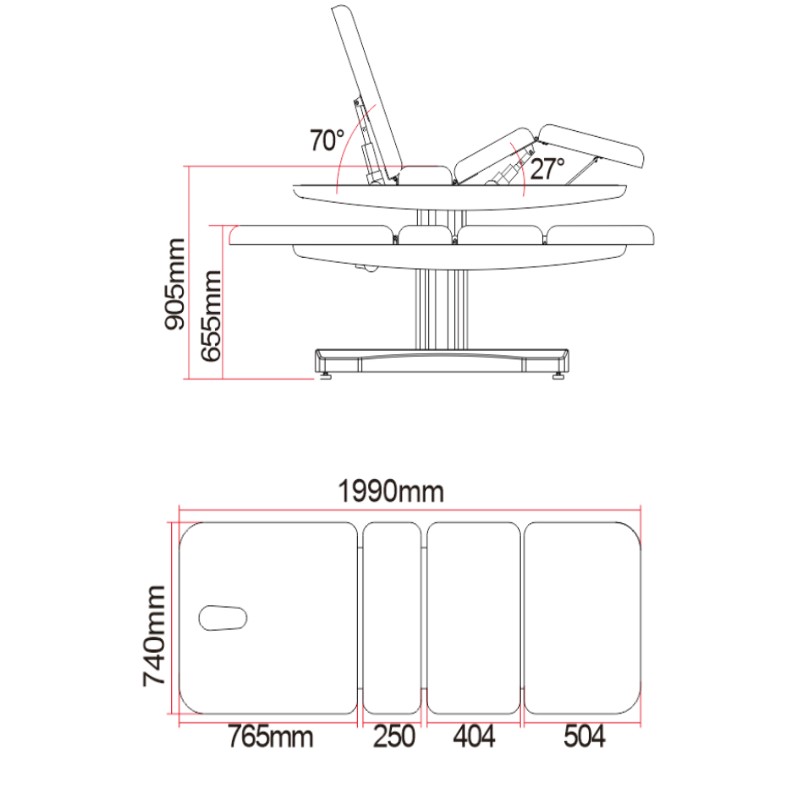 Dimensions DALIA 3 - Table de Soins Esthétique Electrique 3 Moteurs - Dimensions Exactes Longueur - Largeur et Réglage Hauteur et Table - Mobilier esthétique - Malys Equipements