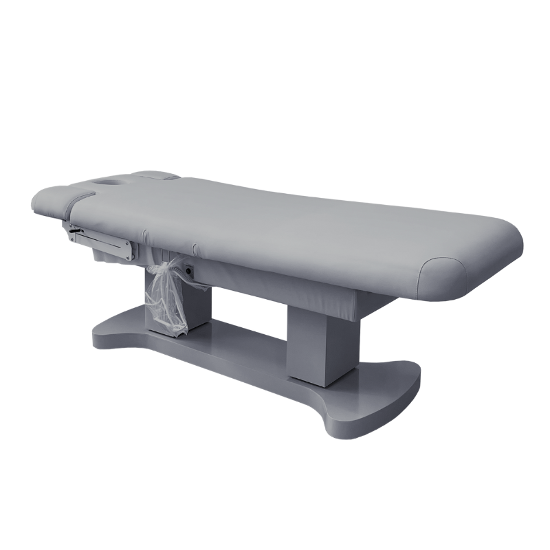 SUPREME Table de Massage et de Soins Électrique Chauffante - Revêtement gris - base grise - position allongée - Centre Esthétique - Malys Equipements