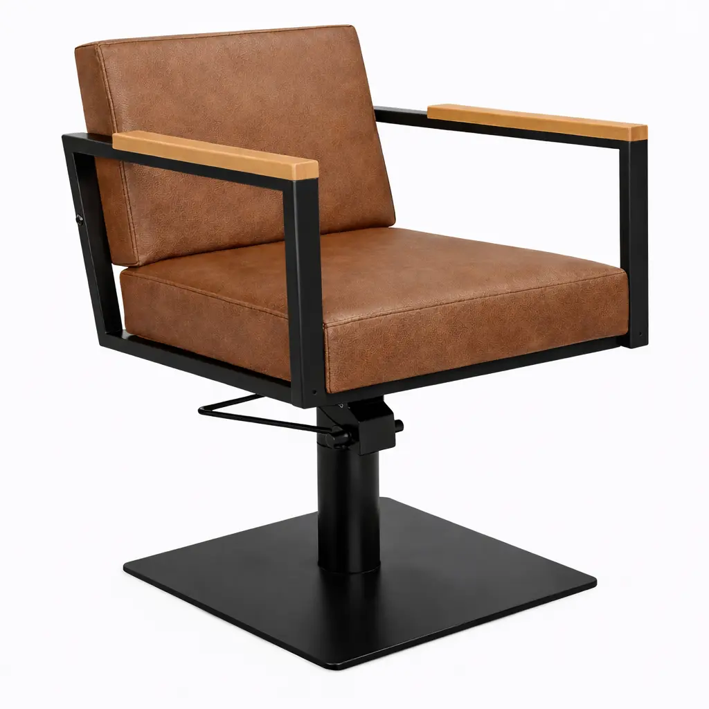 OCEAN BLACK Fauteuil coiffure - bois Camel 04  Base Carrée Noire.webp
