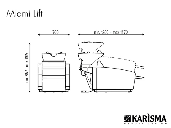 Bac shampoing MIAMI LIFT MASSAGE - schéma dimensions bac shampoing - mobilier coiffure - meuble coiffure - Malys Equipements